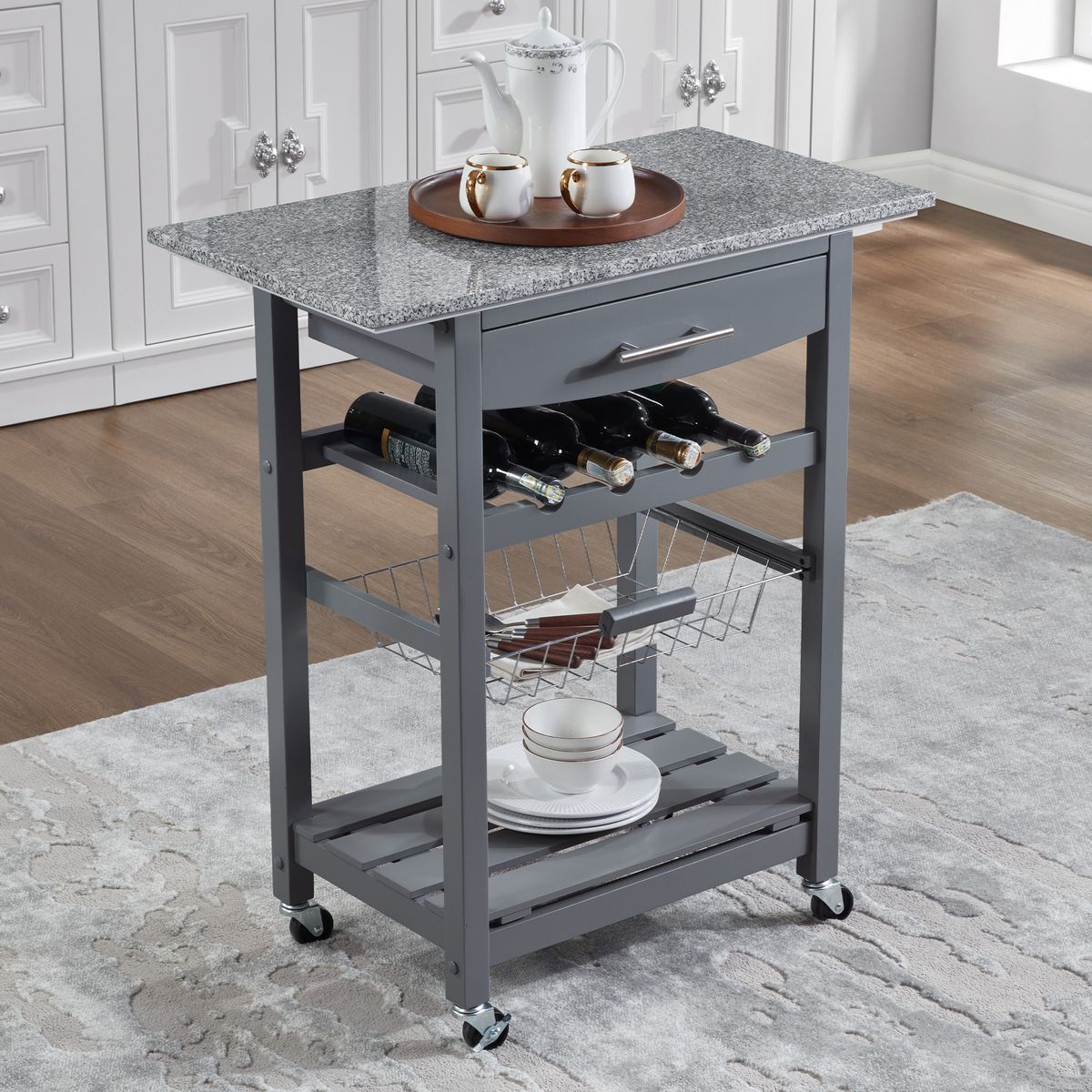 Mobile Rolling Kitchen Island Trolley Serving Cart With Underneath Drawer & Slide-Out Wire Storage Basket_voghion.com