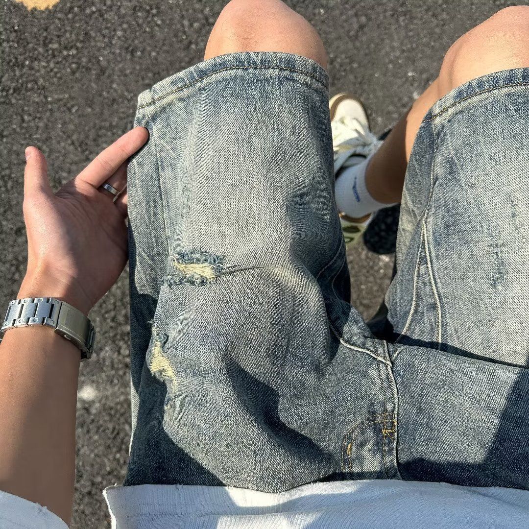 Men's Clothing Summer Thin Ripped Denim Shorts Men's Vibe Retro Loose Mid-length Pants Trendy Street All-match Shorts_voghion.com