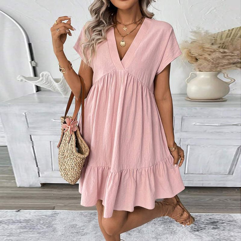 Elegantes, fließendes Sommerkleid mit V-Ausschnitt und gerüschtem Saum – atmungsaktives, lässiges Sommerkleid aus Baumwolle für Damen_voghion.com