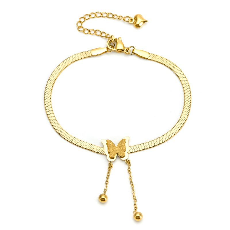 Collana con catena piatta a forma di serpente, in acciaio al titanio, versatile, con perline rotonde a forma di farfalla in acciaio inossidabile opaco e nappa_voghion.com