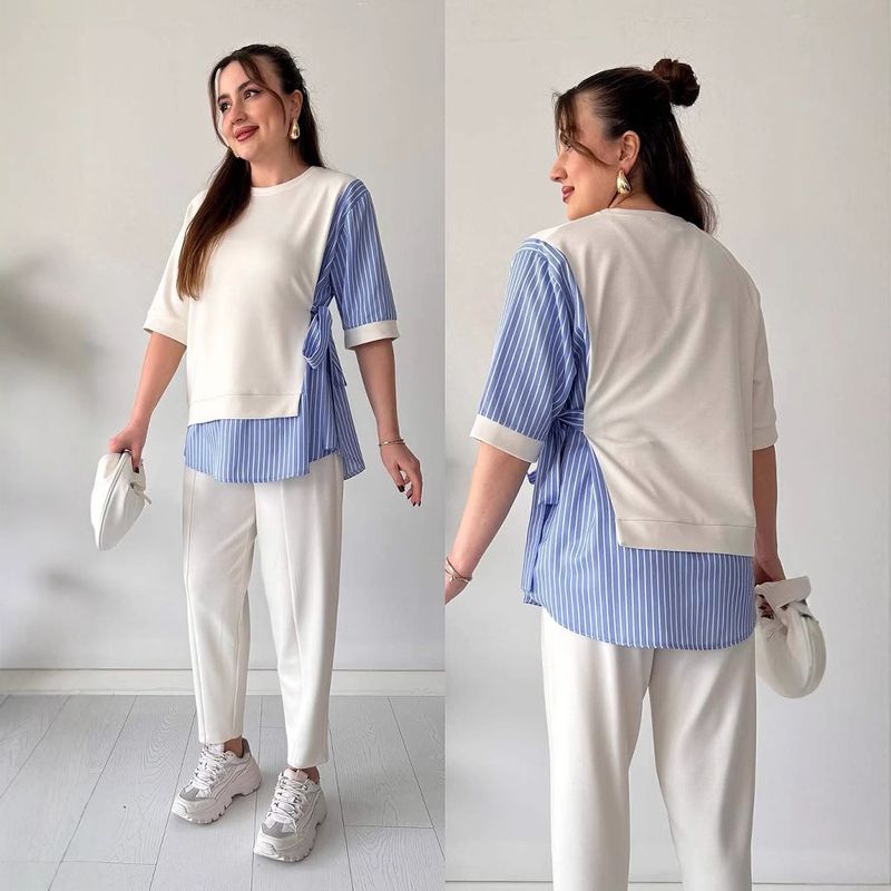 Damenbekleidung Herbst Neue Kontrast Gestreifte Riemchen Kurzarm Tops Casual Hosen Anzüge Damenbekleidung_voghion.com