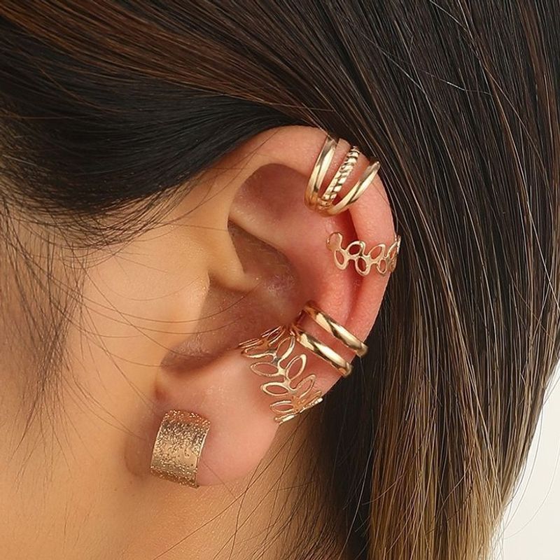 B309 Creative Simple Non-Pierced Cuff 5-Piece Set Personality Leaf Hollow Multi-Layer Earrings C-Shaped Ear Clip_voghion.com
