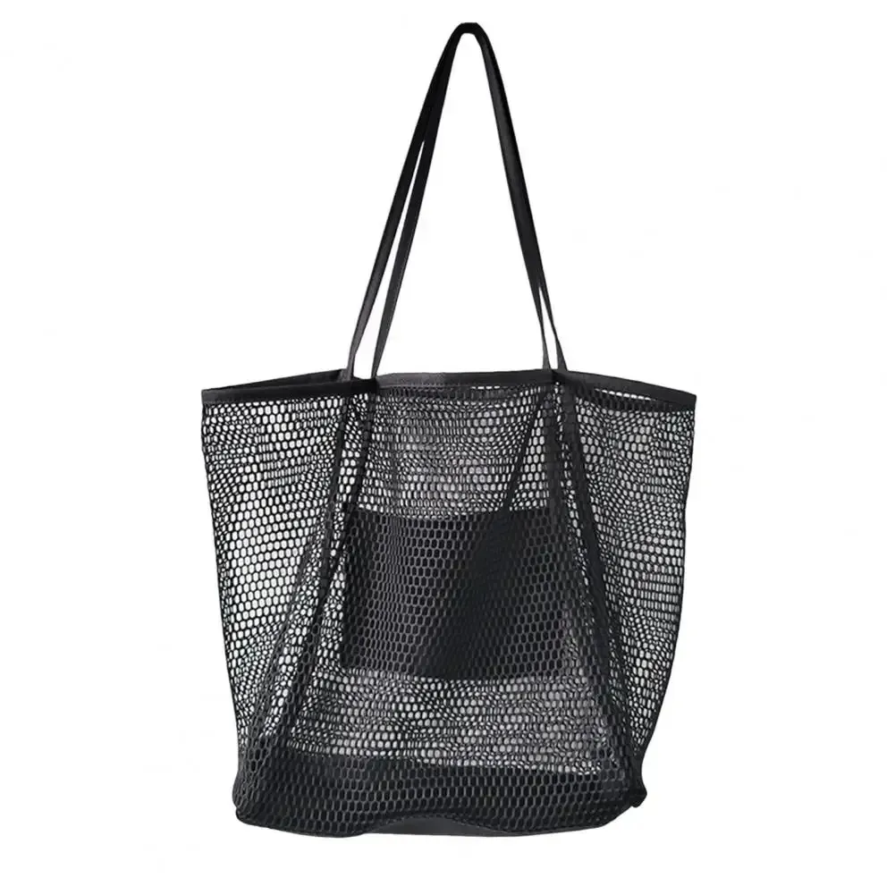 Women Beach Mesh Large Capacity Foldable Hollow Sandproof Solid Swimming Grocery Toys Travel Tote Bag Vacation Use_voghion.com