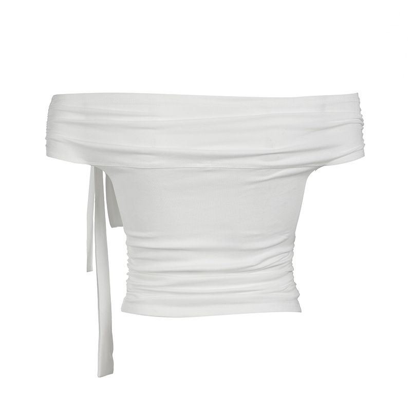 Hauts tricotés irréguliers à ruban noué personnalisé pour femmes, décolleté épaules dénudées, couleur unie, coupe ajustée, été_voghion.com