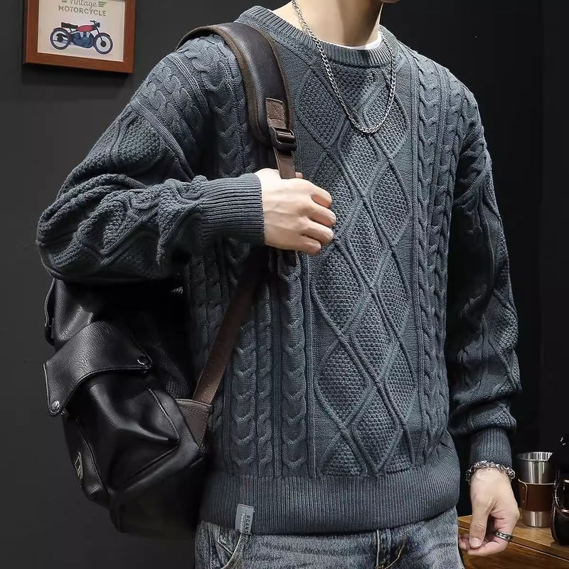 Neuer einfarbiger Retro-Fried Dough Twists-Pullover für Herbst und Winter für Herren mit lockerem Ruffian-Look und lässigem Rundhals-Strickpullover_voghion.com