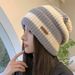 Japanese Retro Letter Small Label Striped Large Version For Women Autumn Winter Warm Versatile Knitted Slouchy Hat_voghion.com