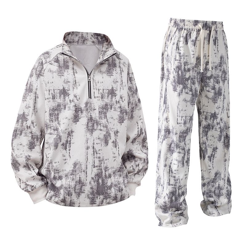 Costume 2 pièces pour homme, haut de gamme, élégant, tie-dye, col montant, pull, pantalon, printemps et automne_voghion.com