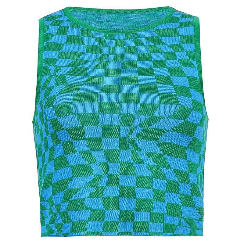 Maglione estivo senza maniche sottile a scacchiera, in maglia, per donna, in contrasto di colore_voghion.com