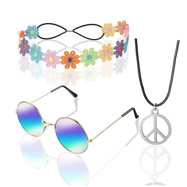Set di 3 pezzi di occhiali da sole e ghirlanda in acciaio inossidabile con catena e fascia hippie per Halloween Party Peace_voghion.com