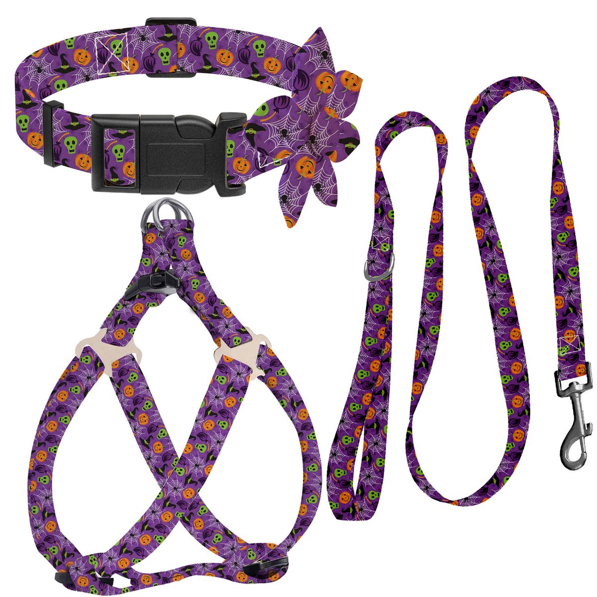 Halloween Puppy Harness, Leash, Collar Polyester Printed Set Pet Supplies_voghion.com