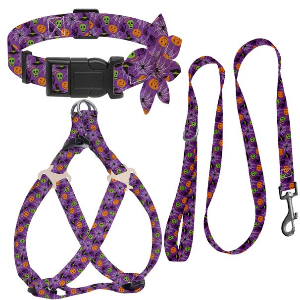 Halloween Puppy Harness, Leash, Collar Polyester Printed Set Pet Supplies_voghion.com