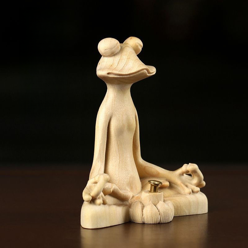 Small Leaf Boxwood Carving Handmade Ornament Cute Fortune Teller Frog Lotus Incense Holder Hand Carved Decoration Gift_voghion.com