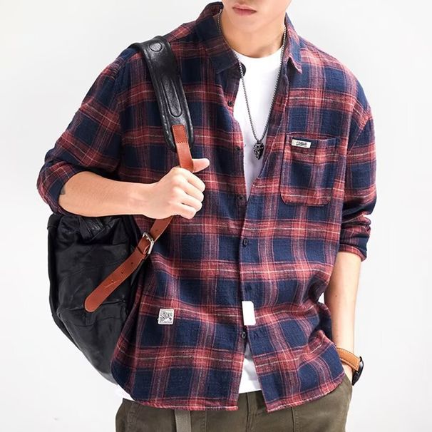 New Youth Color blocked Καλλιτεχνικό καρό πουκάμισο ανδρικό μακρυμάνικο φθινόπωρο/χειμώνας trendy standard φθινόπωρο_voghion.com