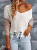 Oversized V-Neck Off-Shoulder Sweater – Long Sleeve Knit Top For Women (S-XL, White & Color-Block)_voghion.com