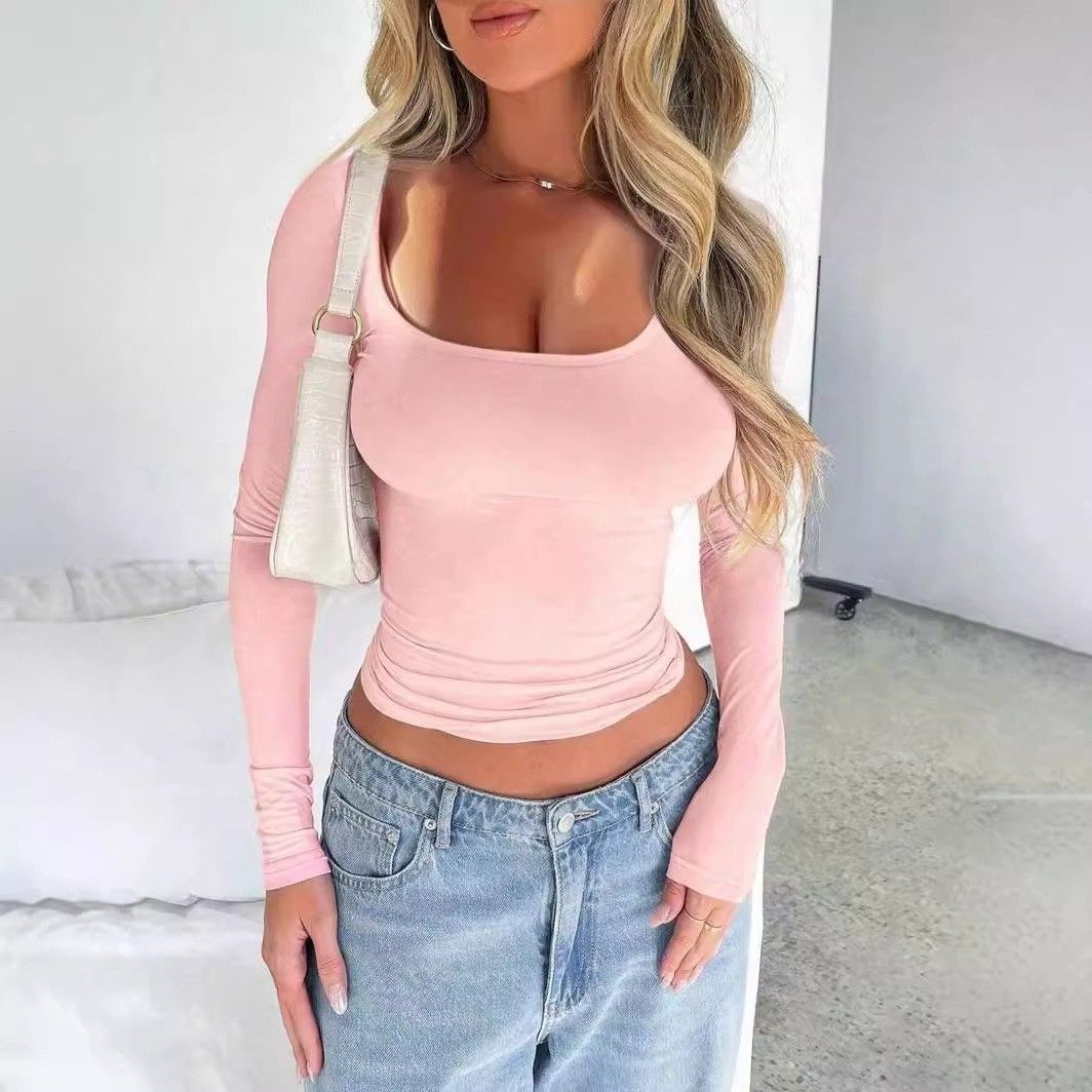 Női ruházat Slim Fit egyszínű U-nyakú hosszú ujjú felső_voghion.com