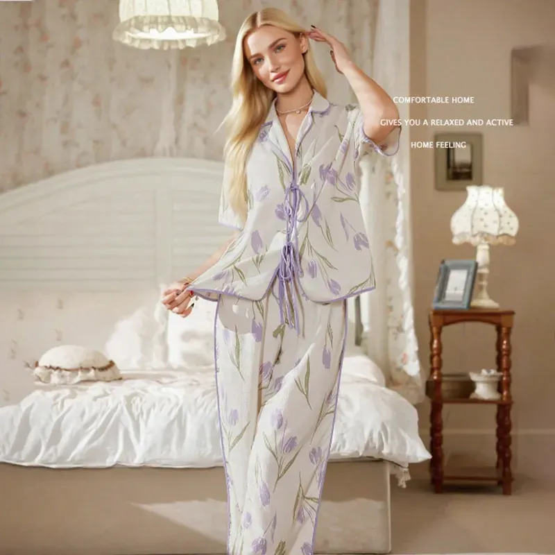 2025 New Women's Spring And Autumn Tulip Lace-up Long-sleeved Long Pants Pama Set Homewear_voghion.com