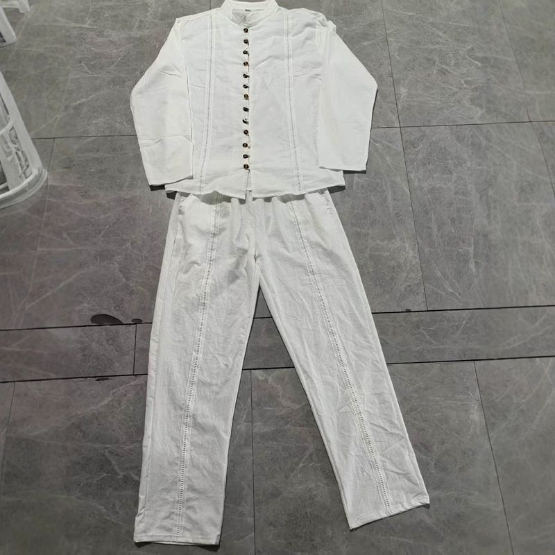 Heren zomerse overhemd- en broekset – 100% katoenen casual outfit met opstaande kraag en patchworkdetails_voghion.com