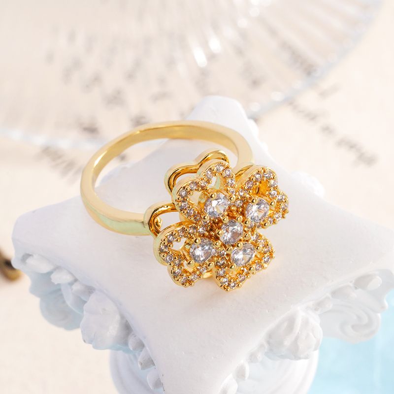 Bague pour femme en or véritable plaqué cuivre, micro-incrustée de fleurs en zircon, rotative et réglable, ouverture mobile_voghion.com