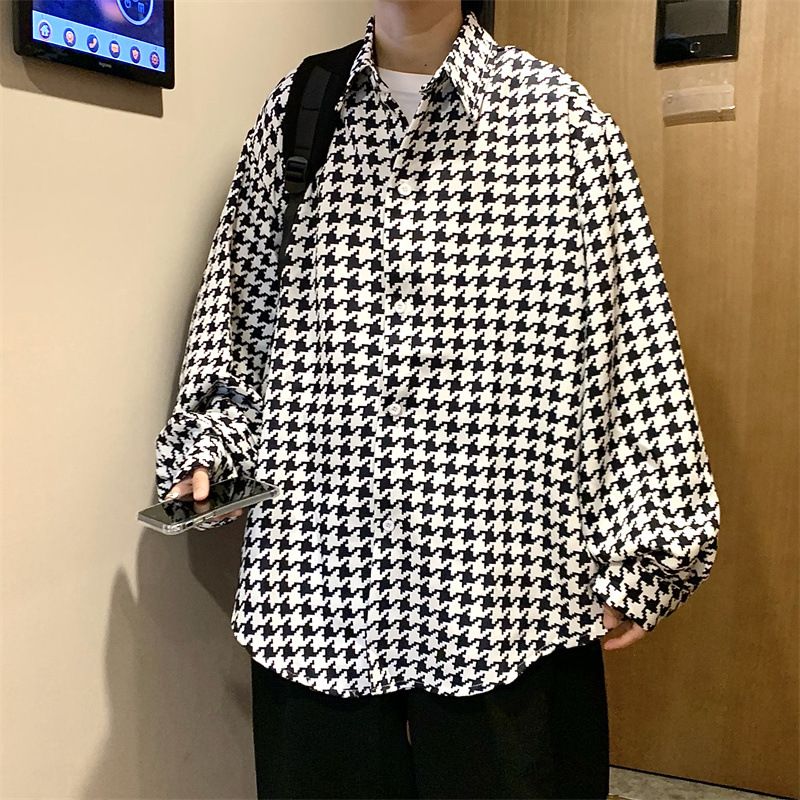 Spring and Autumn Couple Twill Grid Long Sleeve Shirt for Men's Casual Trendy Ins Loose Rascal Jacket_voghion.com