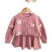 2025 New Girls Knitted Sweater Two Piece Korean Round Neck Solid Color Bowknot Hollow Single Breasted Suit Skirt_voghion.com