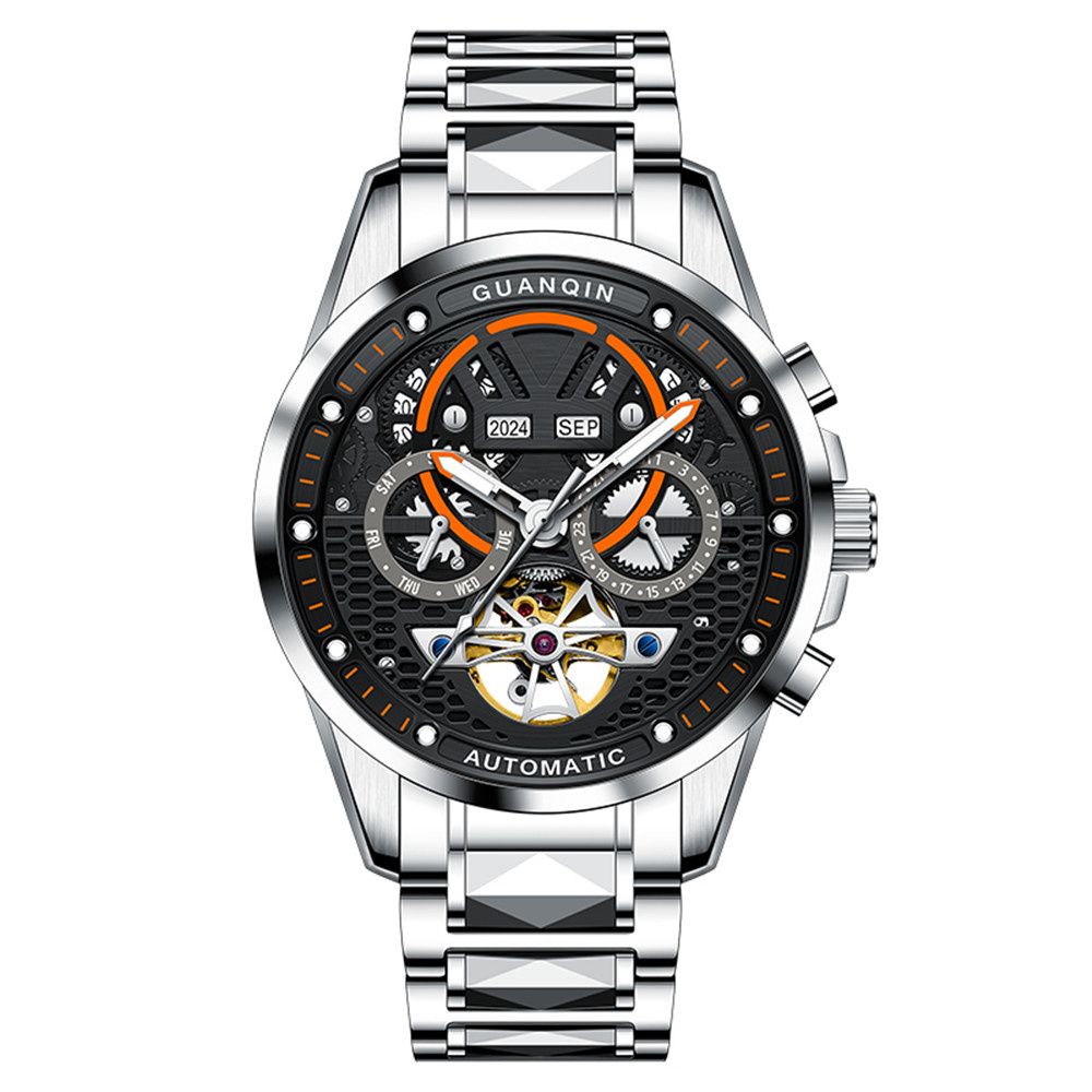 GUANQIN Automatische mechanische Herren-Skelett-Armbanduhr aus Wolframstahl, wasserdicht, Saphir, Wochenkalender, multifunktionale Uhr für Herren_voghion.com