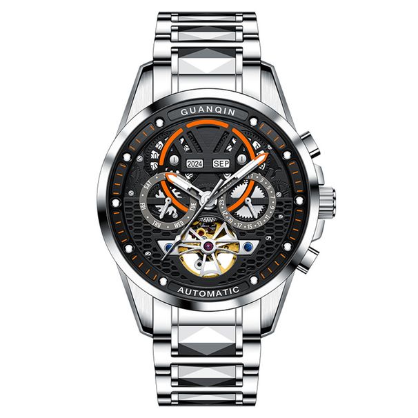 GUANQIN Automatische mechanische Herren-Skelett-Armbanduhr aus Wolframstahl, wasserdicht, Saphir, Wochenkalender, multifunktionale Uhr für Herren_voghion.com
