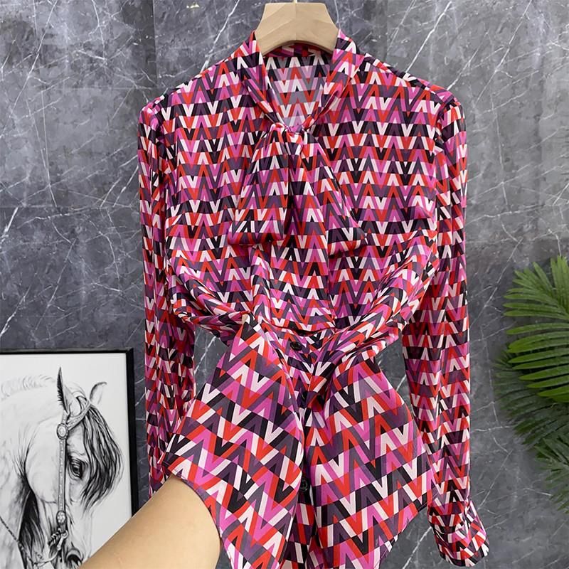 Women's geometric print long sleeve imitation f silk blouse_voghion.com