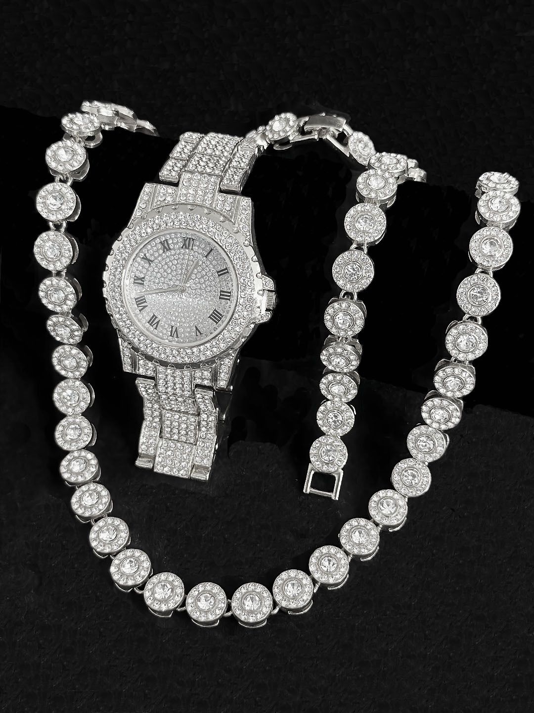 Relógio feminino estilo hip hop dourado com detalhes em diamante, pulseira de aço inoxidável, elegante movimento de quartzo e pulseira combinando_voghion.com