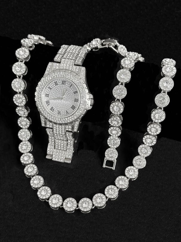 Relógio feminino estilo hip hop dourado com detalhes em diamante, pulseira de aço inoxidável, elegante movimento de quartzo e pulseira combinando_voghion.com