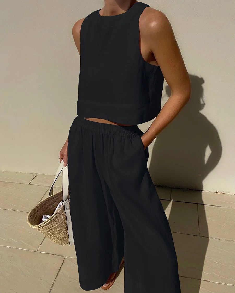 Women's large size suit loose solid color sleeveless shirt trousers two-piece suit_voghion.com