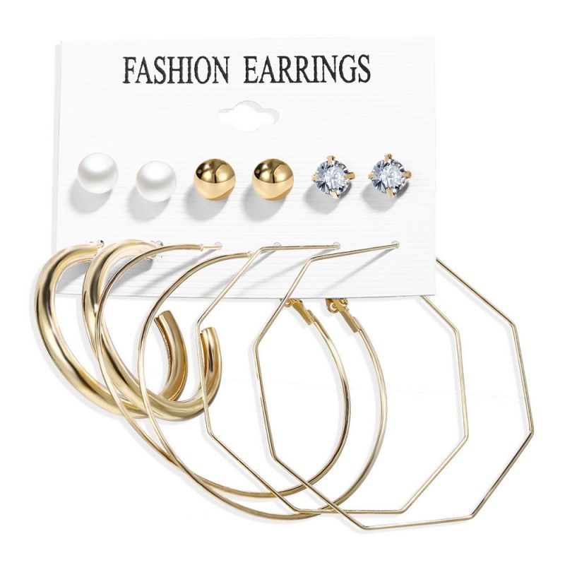 Metal Geometric Earrings Multiple Pairs One Card Gold Circle Earrings Set 6 Pairs_voghion.com