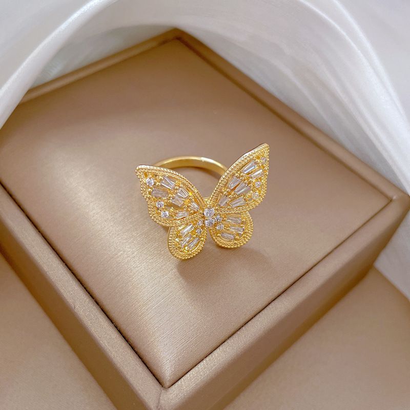 【 Oro vero 】 Farfalla super scintillante zircone con apertura regolabile, semplice anello di decorazione della mano, anello di coppia_voghion.com