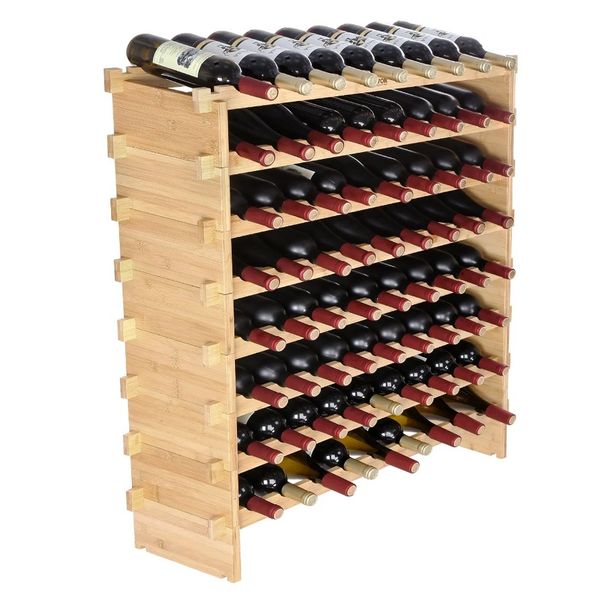 Espositore per bottiglie di vino in legno a 8 ripiani, modulare, 72 ripiani, impilabile in bambù_voghion.com