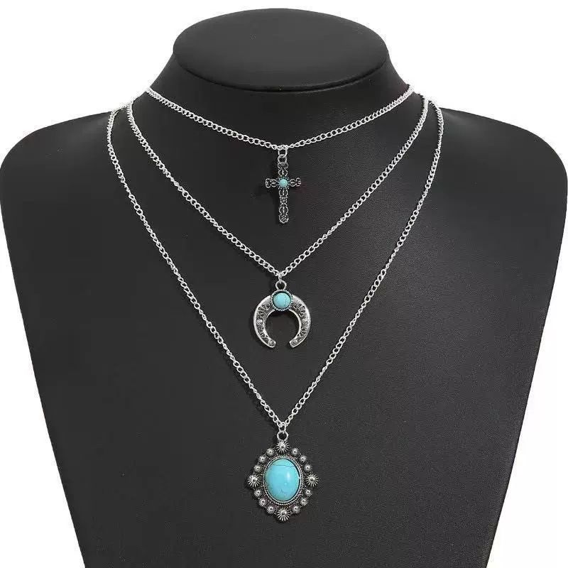 Collar Qianji con cruz creciente turquesa multicapa para hombre y mujer, joyería única y moderna_voghion.com