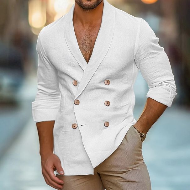 Camicia casual da uomo a maniche lunghe in cotone e lino tinta unita, con risvolto doppiopetto, primavera e autunno_voghion.com