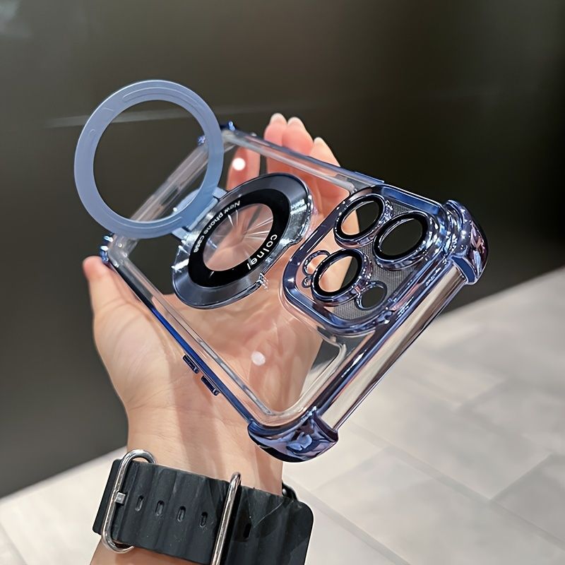 Funda transparente galvanizada con soporte para iPhone 13 12 Pro Max 14 15 Plus con soporte magnético para teléfono móvil_voghion.com