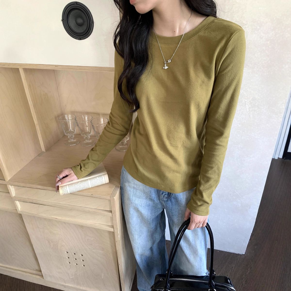 ragazza Huang Zheng Basic Korean Style Slim Fit T-shirt a maniche lunghe Top Base Shirt per donna 124TT7008_voghion.com