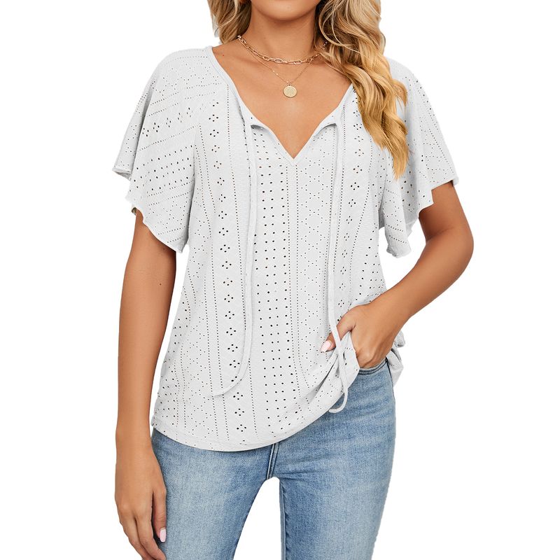 Women's Clothing Casual Solid V-Neck Lace-up Short Sleeve Loose T-shirts Tops_voghion.com
