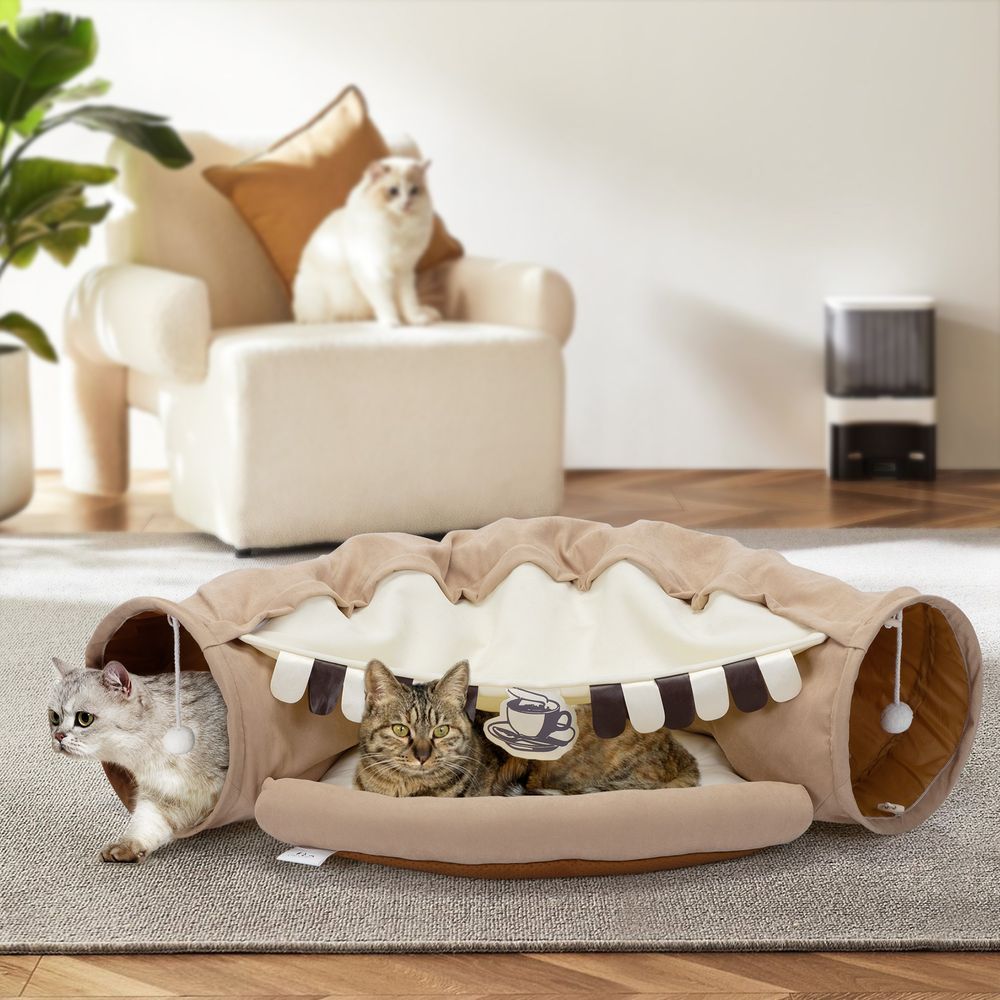 Collapsible Cat Tunnel Bed; Hide Tunnel For Indoor Cats With Hanging Toys And Cushion Mat; XH_voghion.com