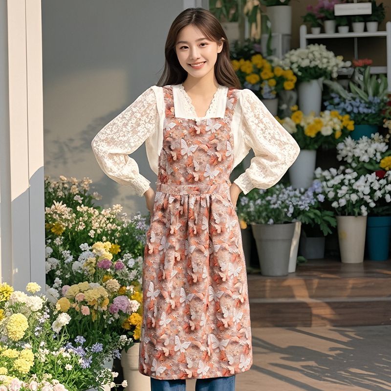 Style Pleated Kitchen Artistic French Pastoral Flower Shop Loose Young Waist Apron_voghion.com
