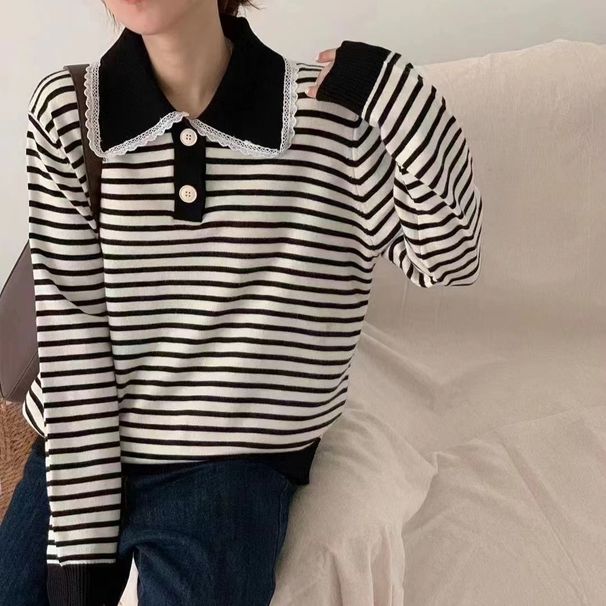 Stripe contrasting sweater Korean version POLO collar lace edge 2024 spring new style pullover fashionable versatile_voghion.com