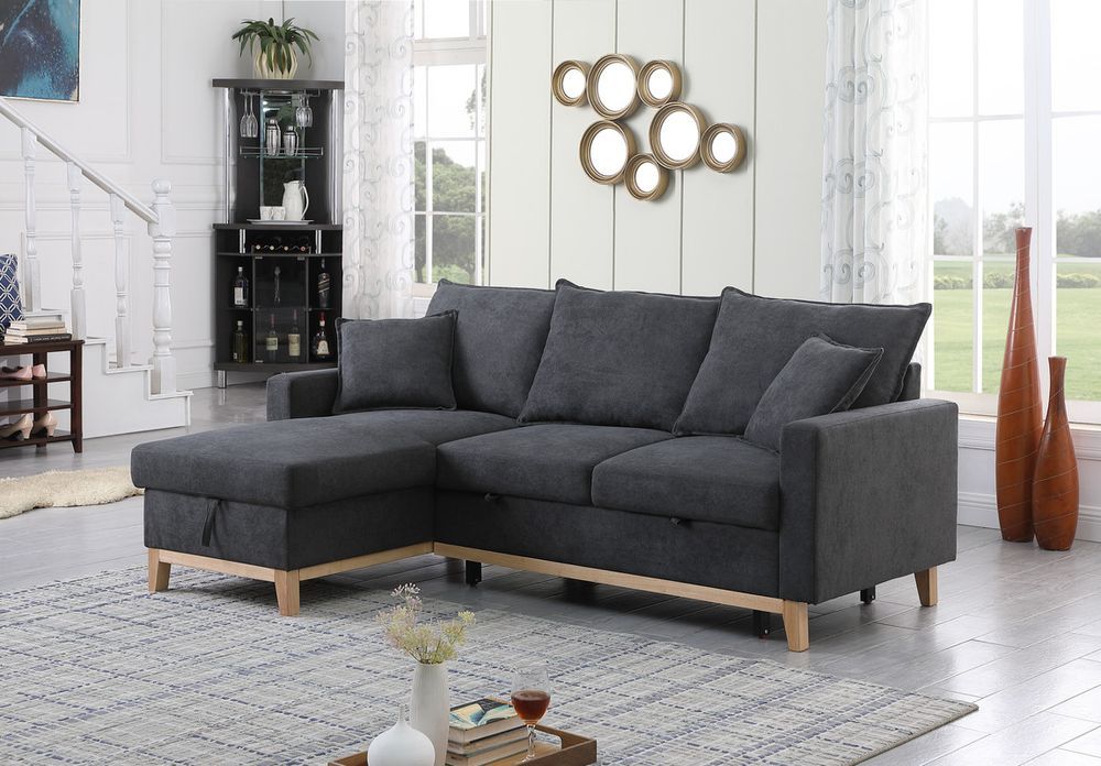Colton 84.25' Dark Gray Woven Reversible Sleeper Sectional Sofa With Storage Chaise_voghion.com