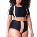 New Women's Split Body Swimsuit, Oversized Fat Po Color Block High Waisted Half Sleeved Swimsuit Bikini_voghion.com