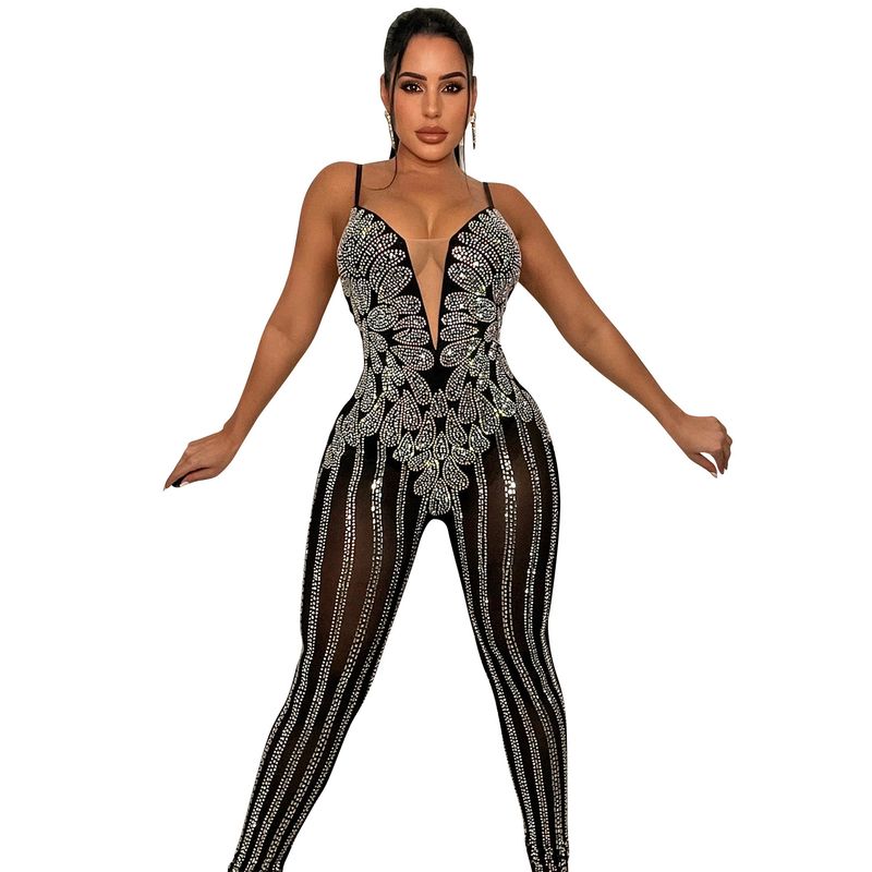 Dameklær Mote Nattklubb Mesh Hot Diamond Perspective Suspender Jumpsuit Dameklær_voghion.com