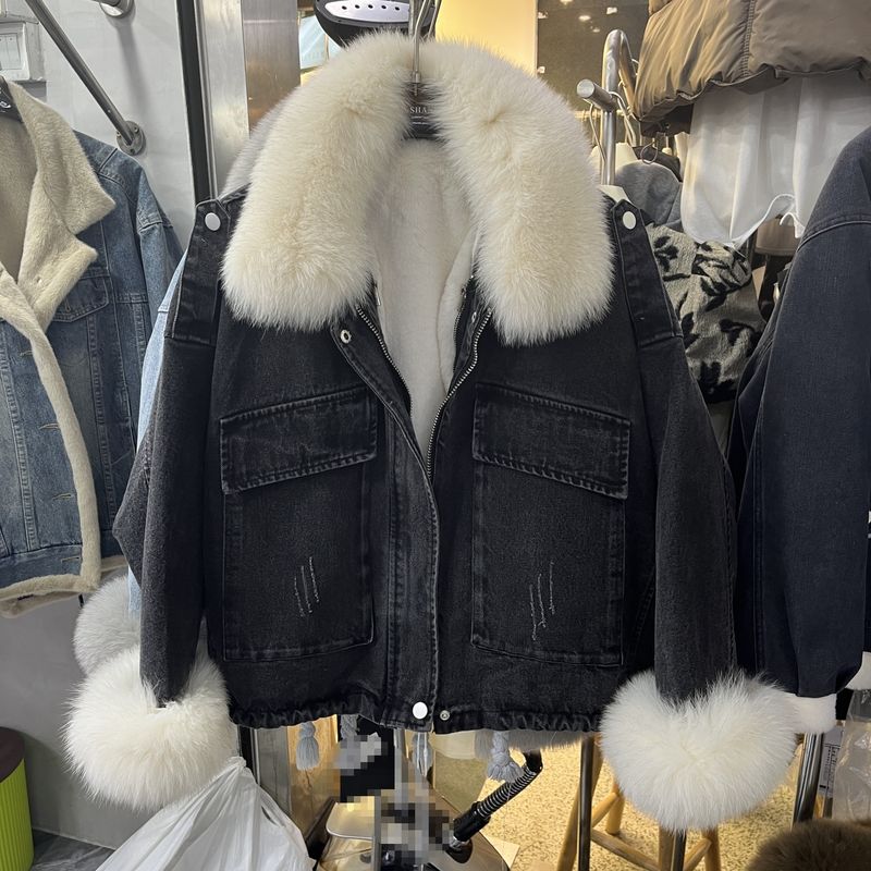 Parka d'hiver à col en fourrure de renard pour femme, veste en jean à doublure amovible épaisse en velours et fourrure_voghion.com