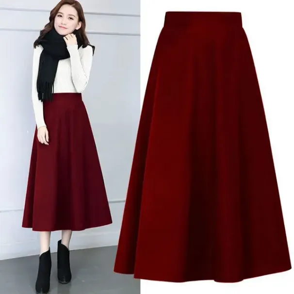 hot selling Autumn Winter Lady Midi Elastic Waist Large Hem Side Pockets Korean Style Solid Color A-Line Long Skirt Female Clothing_voghion.com