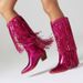 Women's Shoes autumn and winter tassel sequined western boots pointed toe thick heel high heel long tube mirrored patent leather women's boots_voghion.com