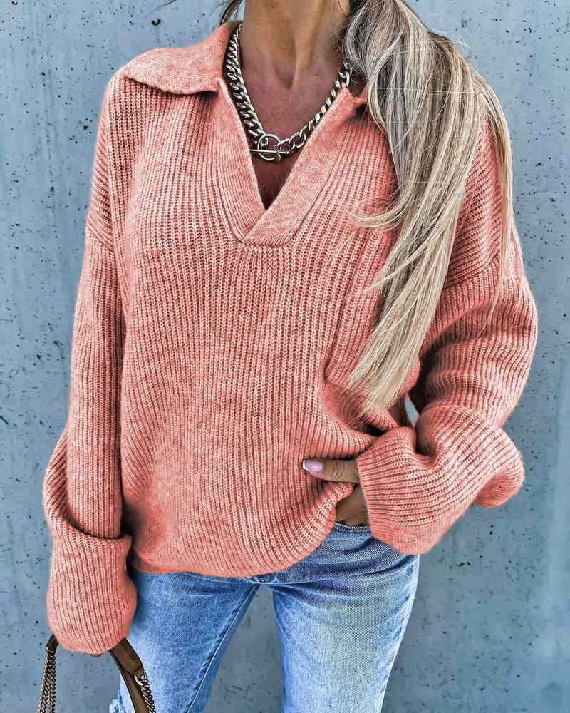 Maglione da donna a maniche lunghe sciolto con tasca casual in colore misto con scollo a V_voghion.com