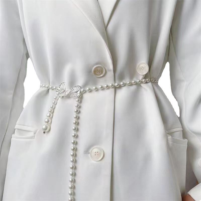 Neue trendige handgefertigte Perlen-Schmetterlings-Taillenkette aus Legierung, modisch, vielseitig, für Anzug und Damen, dünner Gürtel_voghion.com