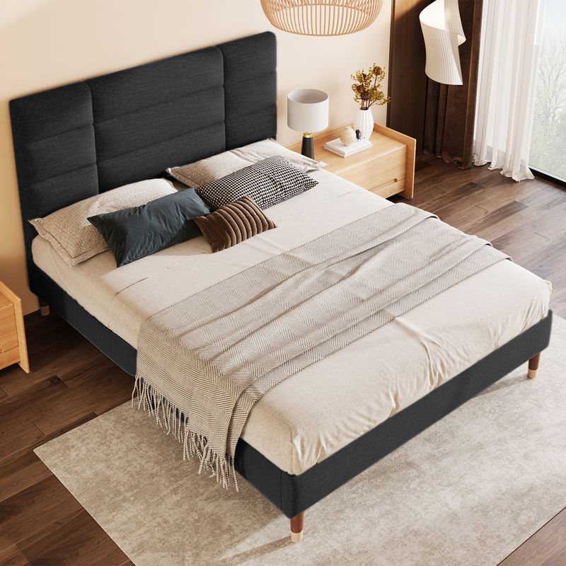 Polsterbett, Doppelbett Mit Lattenrost, 140x200cm Gepolsteres Bettgestell Mit Kopfteil, In Schwarz Leinen, Für Erwachsene&Jugendliche, (Matratze Nicht Enthalten)_voghion.com